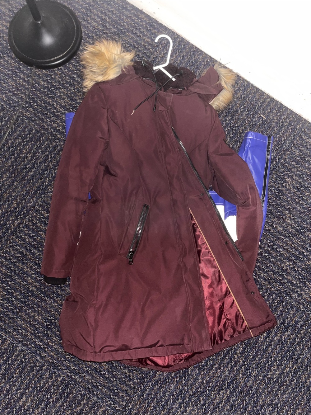 Vince Camuto Burgundy Faux-Fur Trim Hooded Puffer Coat